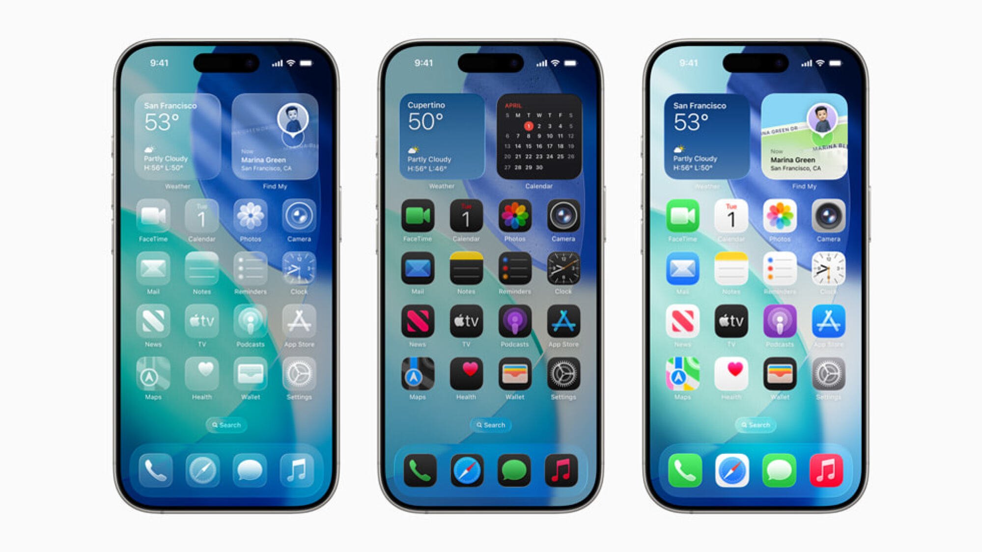 row of iphones showing apple liquid glass design on home screen