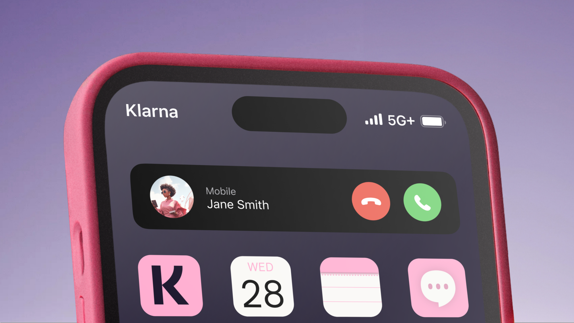 The top half of an iPhone which shows the word "Klarna" where the carrier logo is.