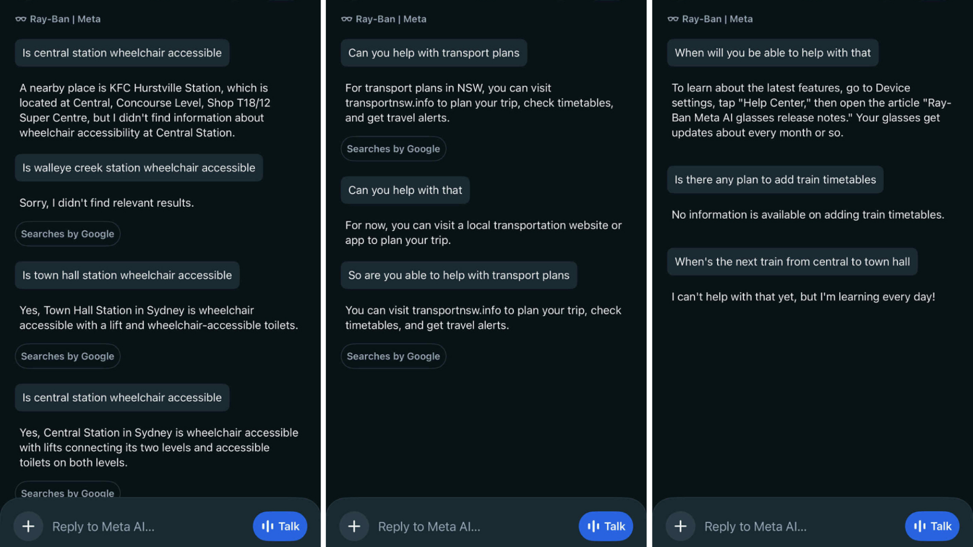 Screenshots of the Meta AI app showing a user asking for train timetable information, with Meta AI directing them to the Transport NSW website.