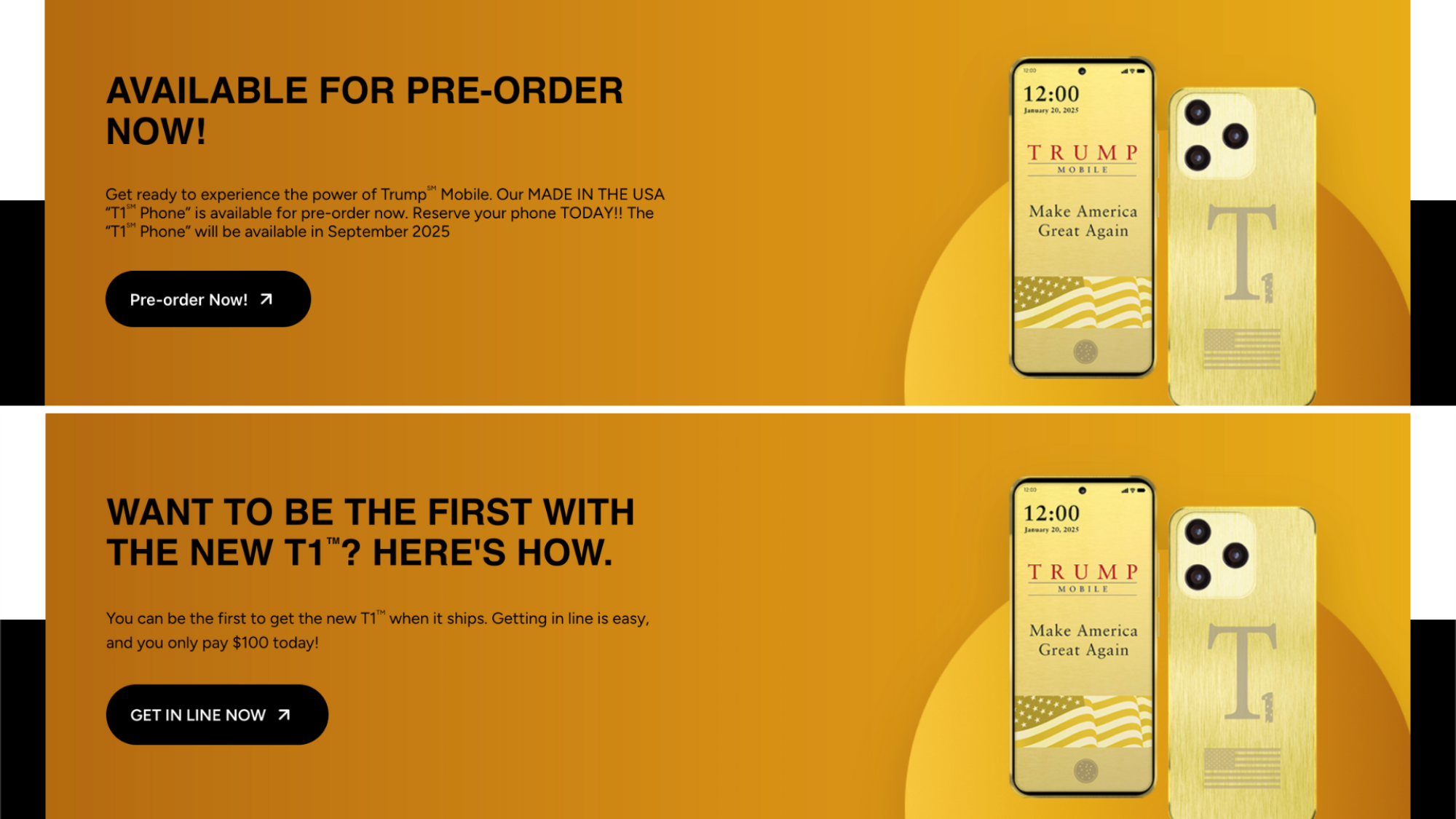 Two screenshots of a banner on the Trump Mobile website from June 17 and June 25, 2025.