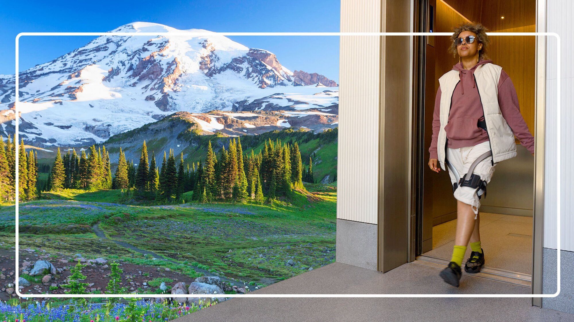 Person in hiking gear and Hypershell exoskeleton walking out of an elevator into a field with a mountain