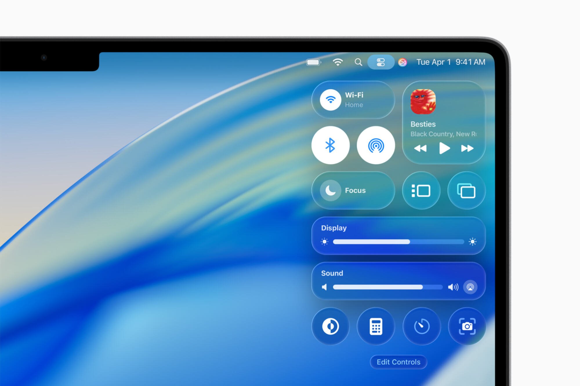 A screenshot of the menu bar and control center in macOS Tahoe