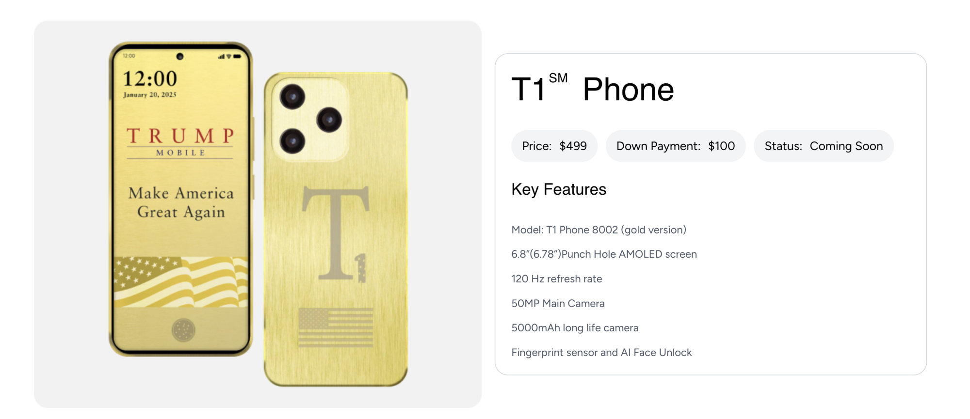 Screenshot of the specs for the Trump-branded T1 phone