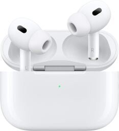 apple airpods pro 2 earbuds in a case against a white background