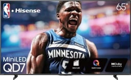 the Hisense 65-inch QD7 QLED TV displays a basketball player