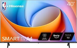 A Hisense TV appears with an abstract image on its screen.