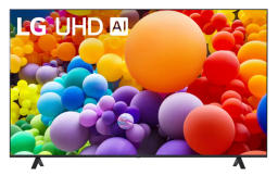 An LG TV appears on a white background with balloons on it.