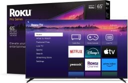 Roku TV box and Roku TV with streaming apps on screen
