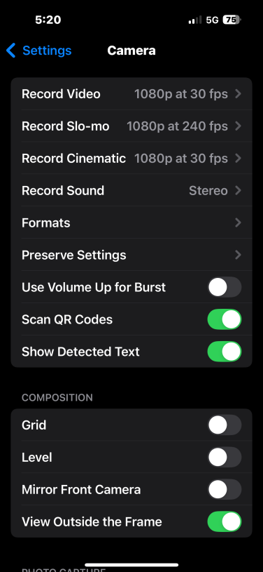 iphone camera settings