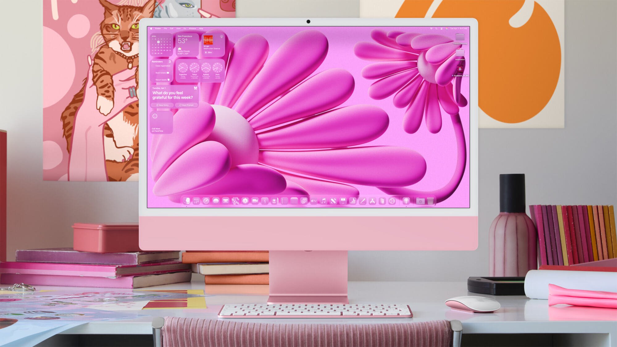 a very pink iOS mac desktop