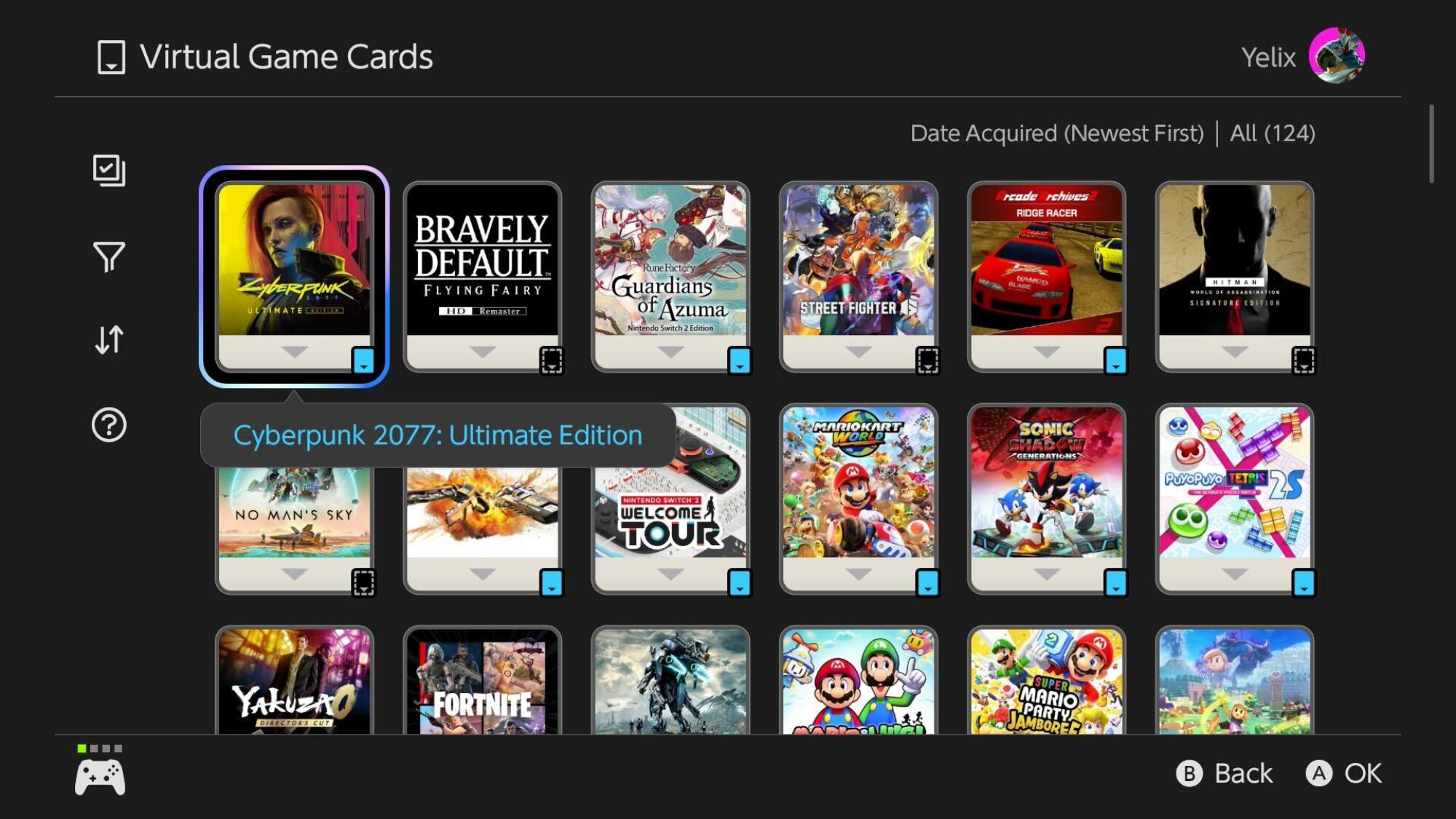 The virtual game card screen on the Switch 2 menu