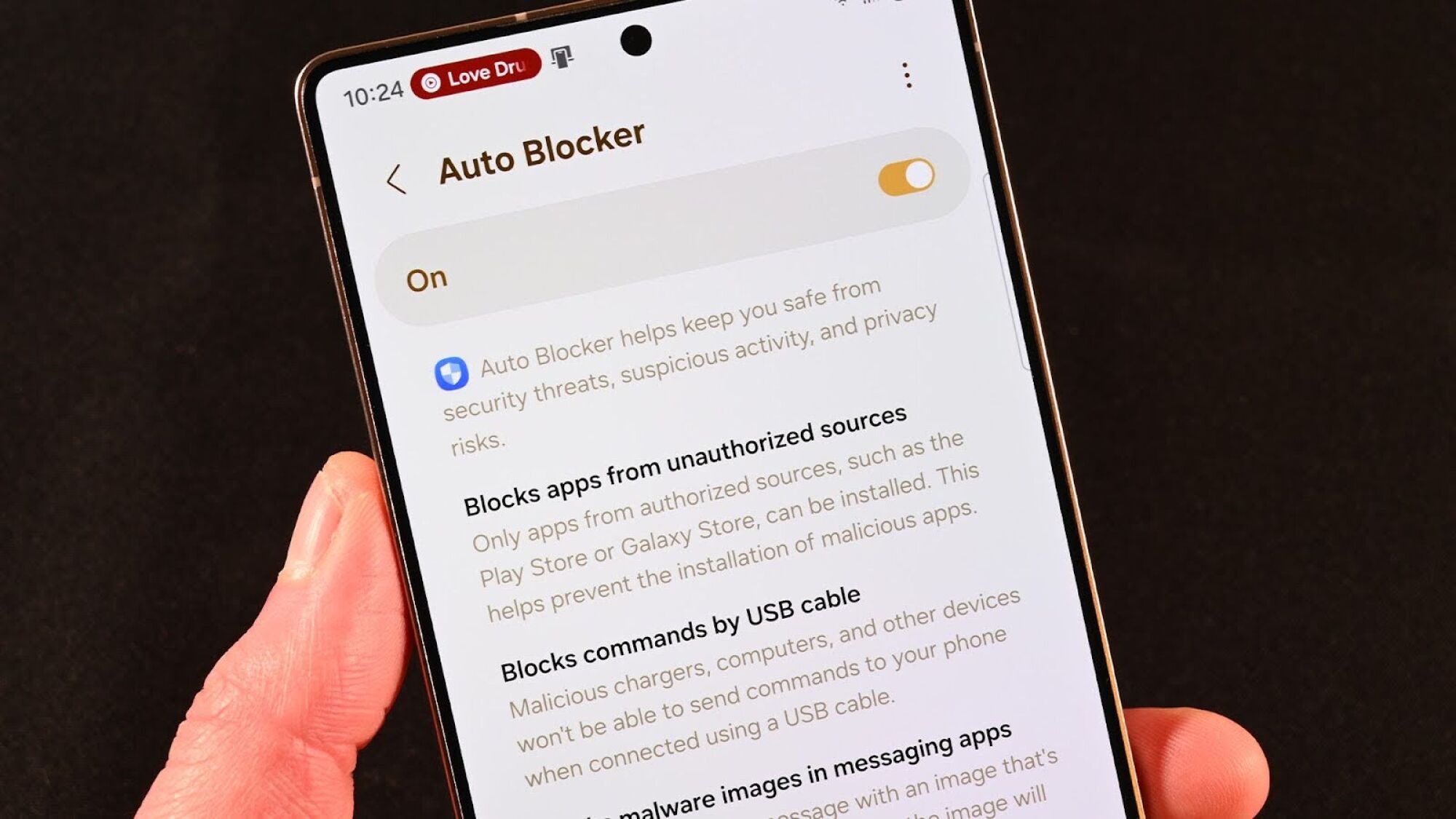 Samsung auto blocker settings displayed on a galaxy s25 screen