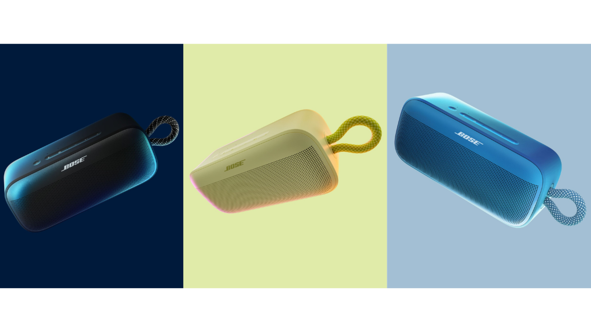 composite of black, yellow, and blue Bose SoundLink Plus speakers