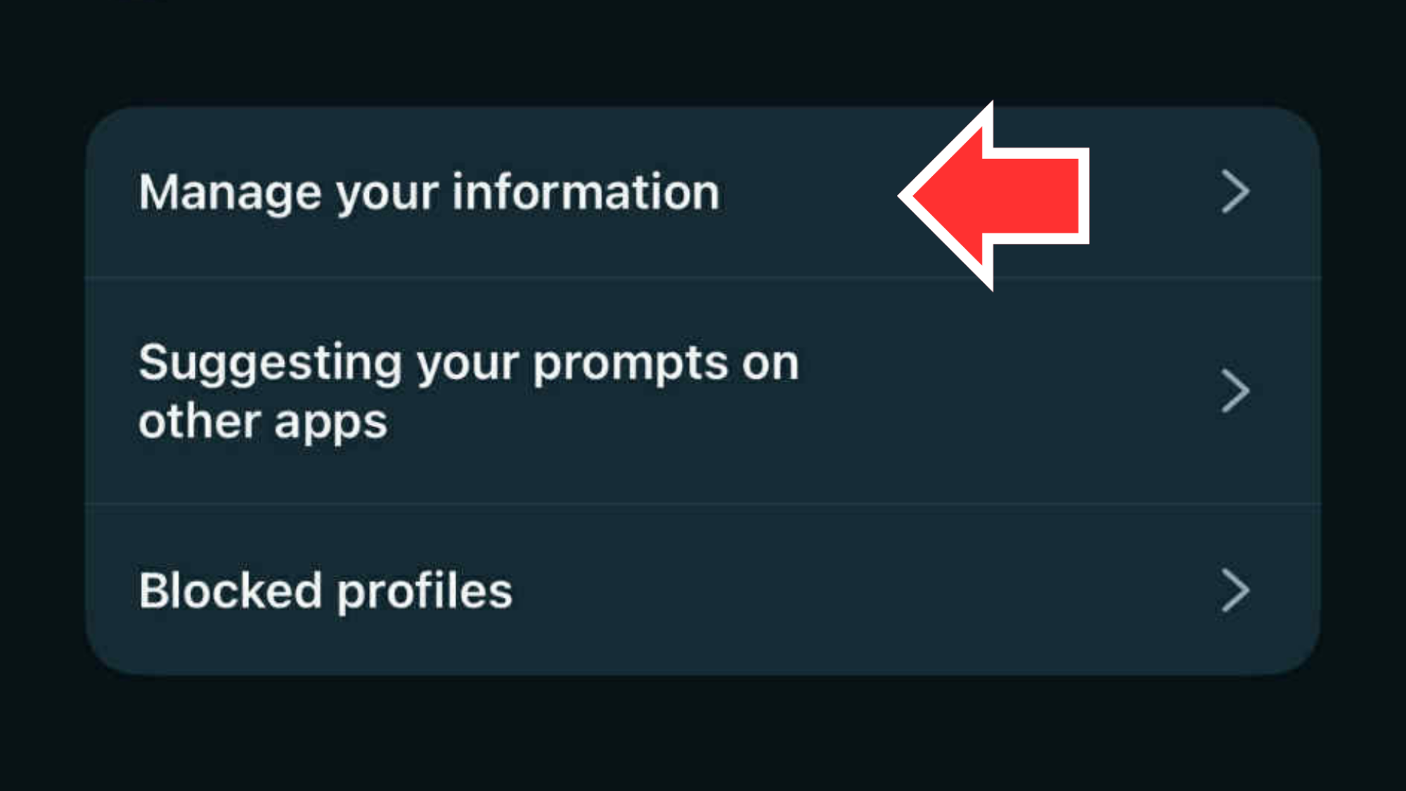 A screenshot of Meta AI's Data & privacy settings, with a red arrow pointing to the "Manage your information" option.