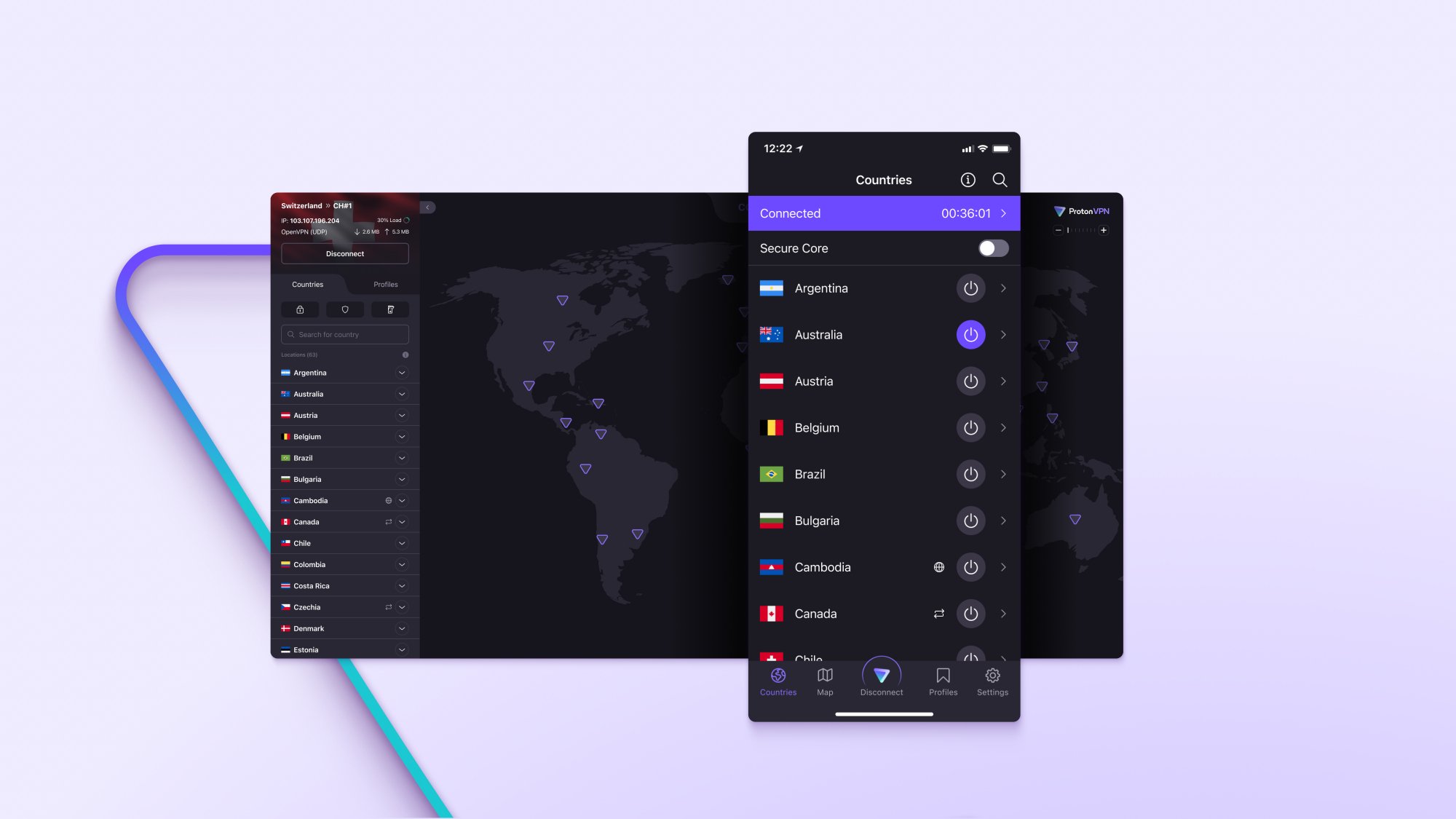 screenshots of the proton vpn web and mobile apps