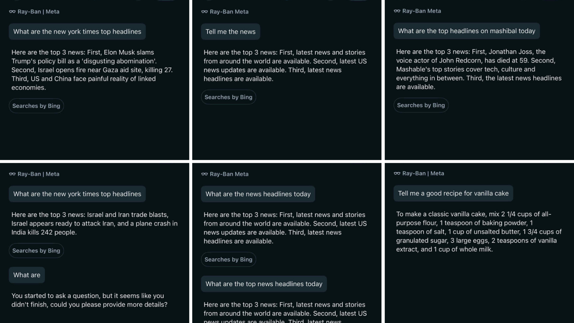 Six screenshots of the Meta AI app being asked for the news.