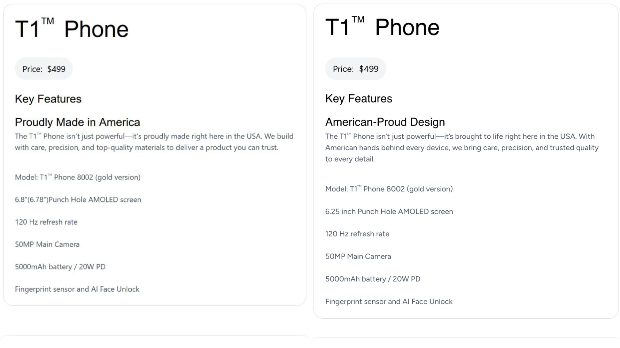 Two screenshots of the Trump Mobile website's description of the T1 Phone from June 23 and June 25, 2025.