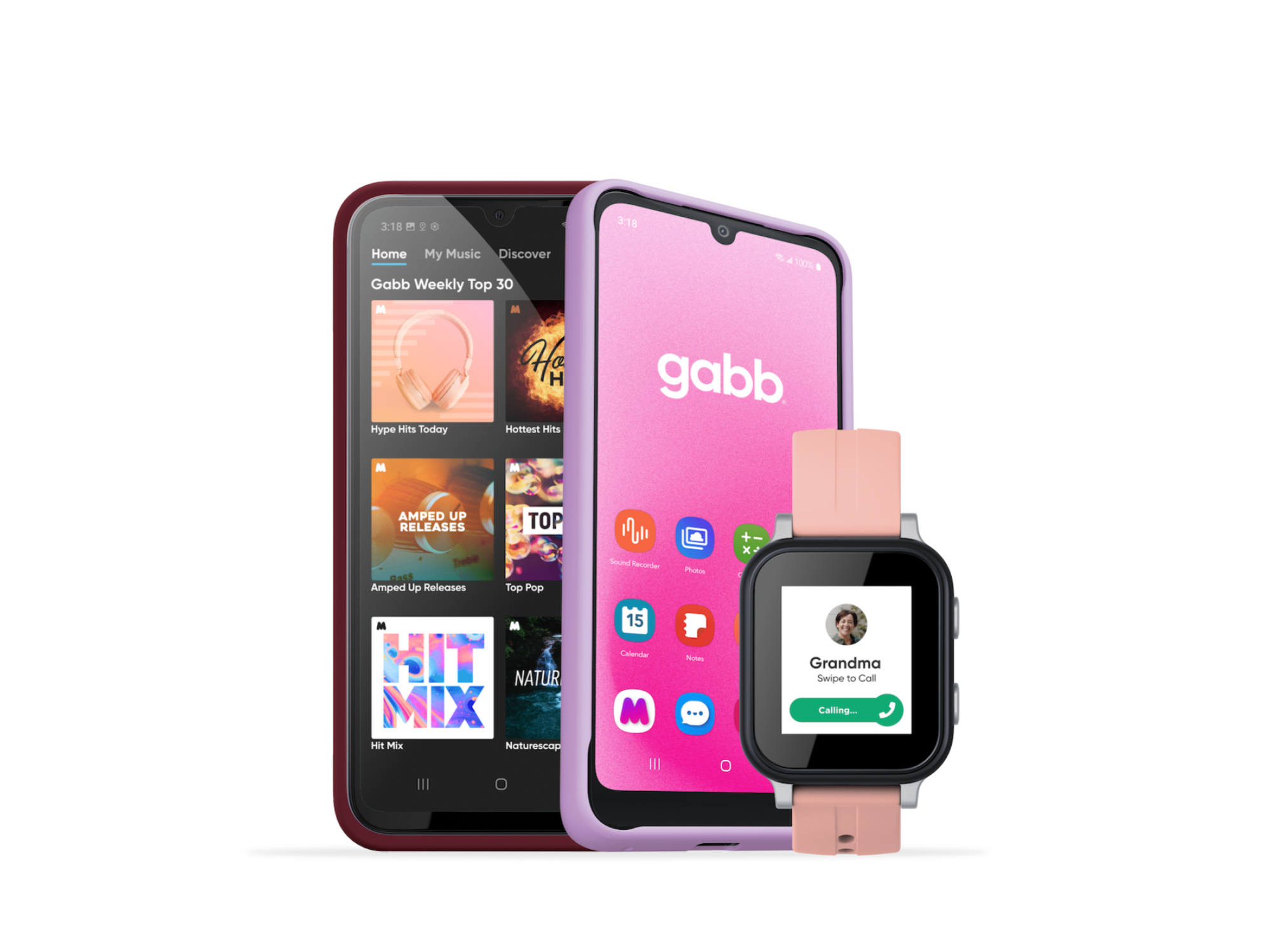 One Gabb phone displaying the Gabb Music app. One Gabb phone showing a basic home screen with apps. A Gabb smartwatch.