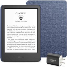a kindle, fabric cover, and power adapter against a white background