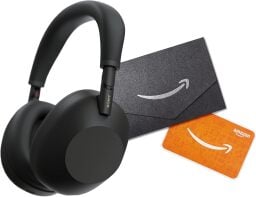 The Sony WH-1000XM6 headphones with an Amazon gift card on a white background