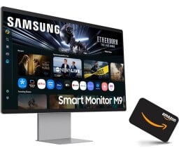 samsung m9 smart monitor and amazon gift card against a white background