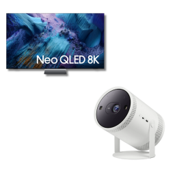 Samsung QN990F 8K TV and Samsung Freestyle Projector on white background
