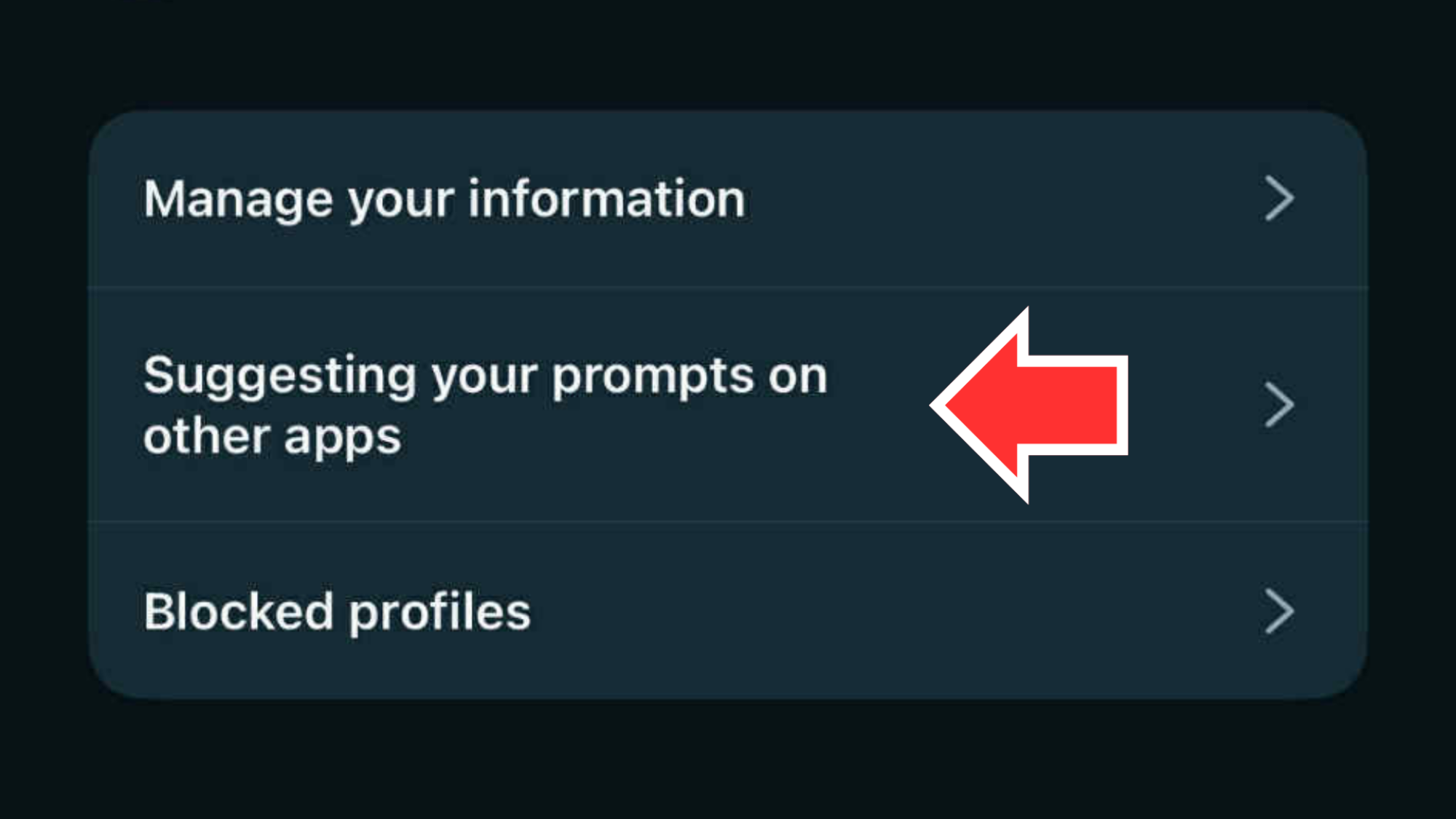 A screenshot of Meta AI's Data & privacy settings, with a red arrow pointing to the "Suggesting your prompts on other apps" option.