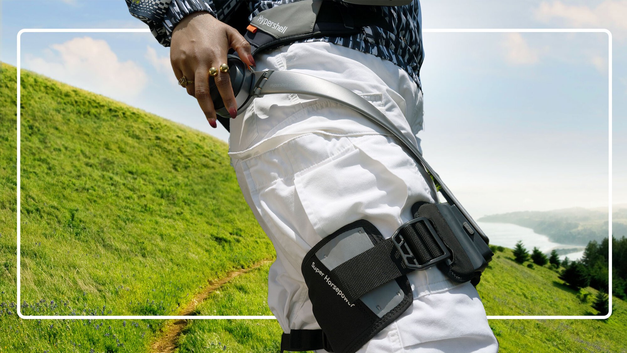 Close-up of Hypershell exoskeleton around hiker's waist and leg