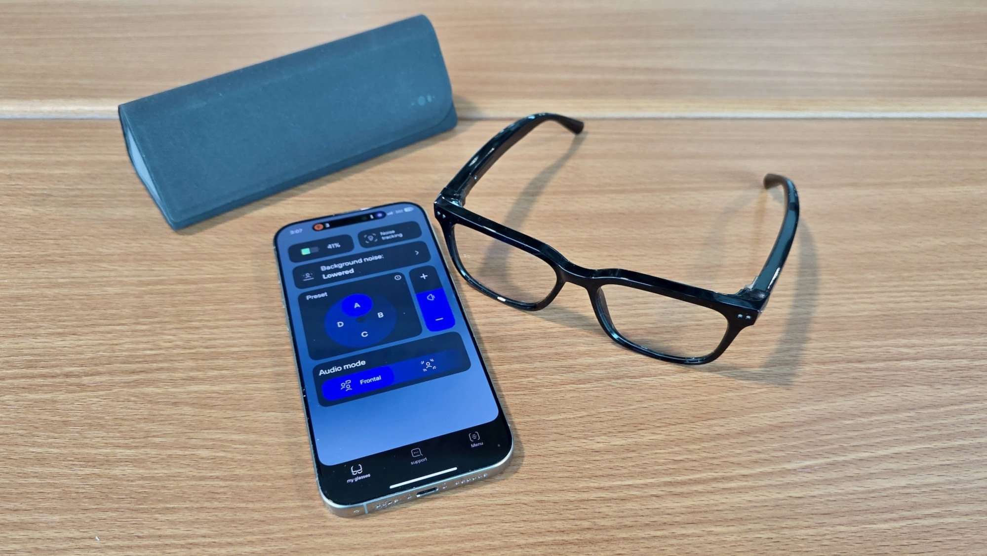 nuance hearing glasses with smartphone app and carrying case