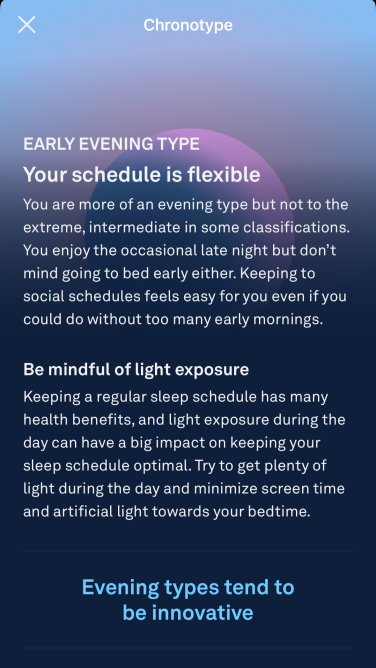 The Oura app with a description of the early evening chronotype.