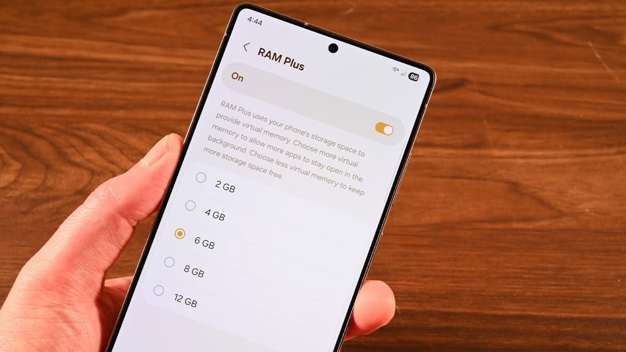 RAM Plus settings displayed on the screen of a Samsung Galaxy s25
