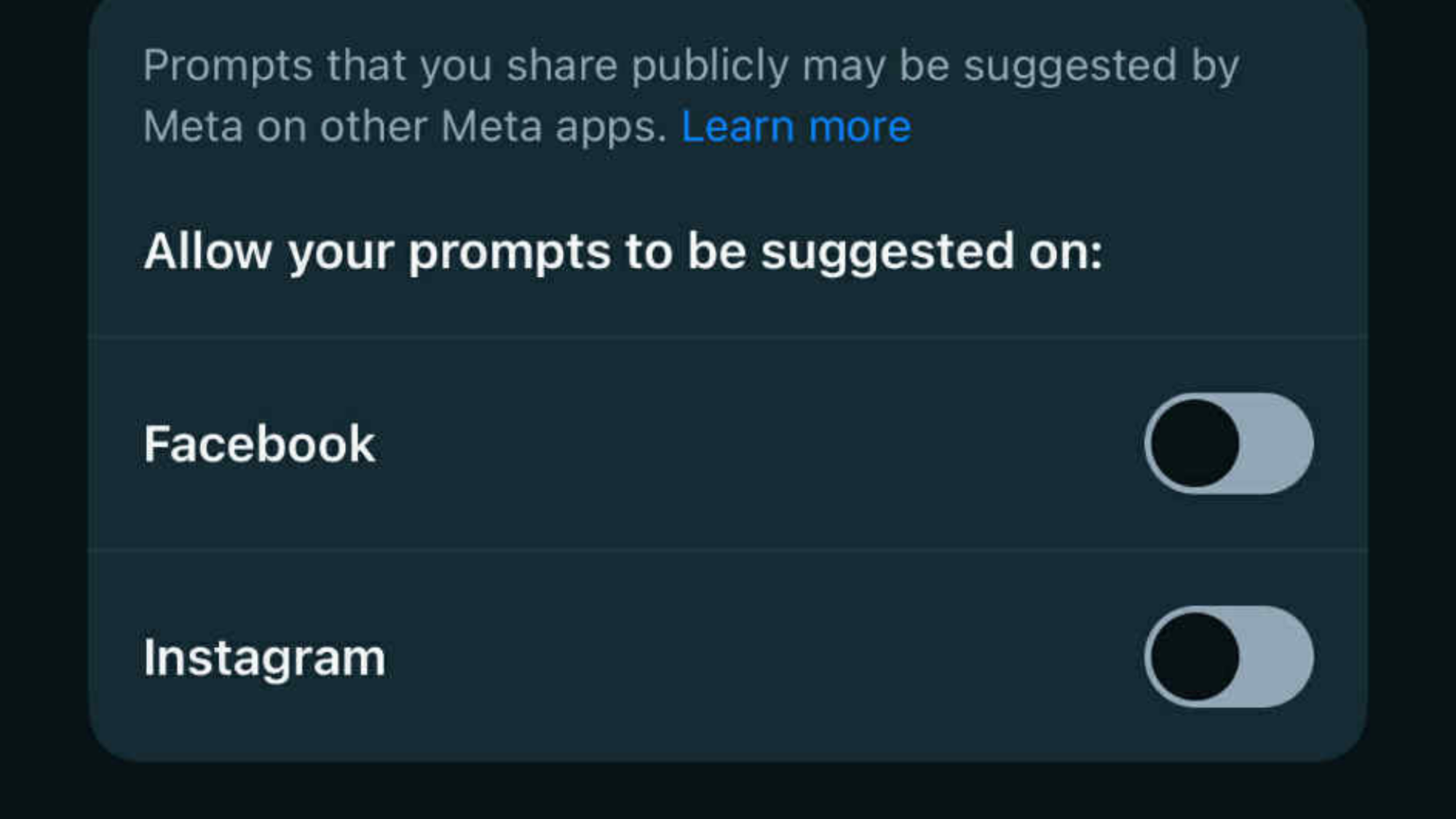 Toggles in the Meta AI app disallowing prompts to be shared on Facebook and Instagram.