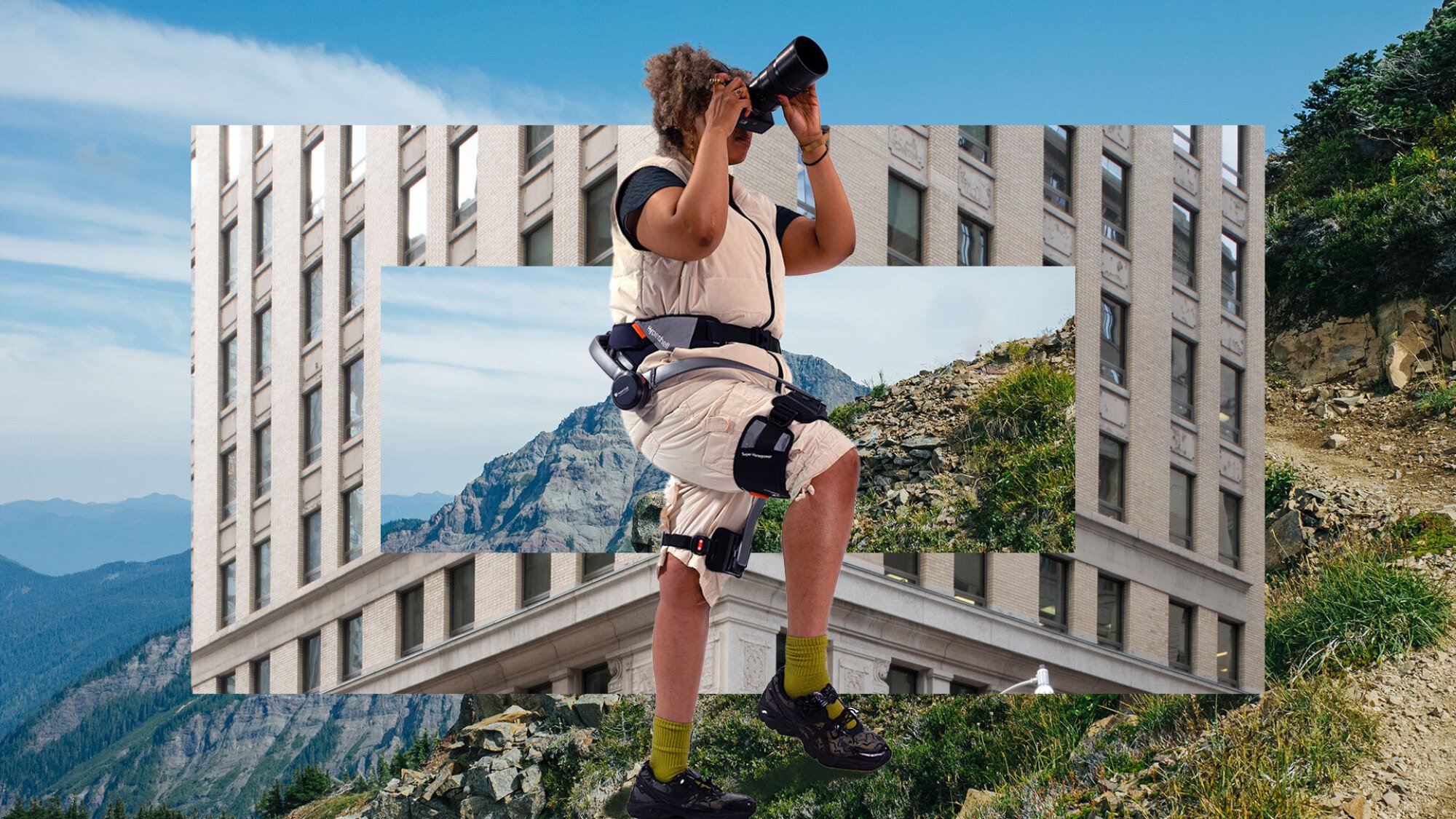 Hiker wearing the Hypershell exoskeleton taking a photo with a collage of city/landscape background