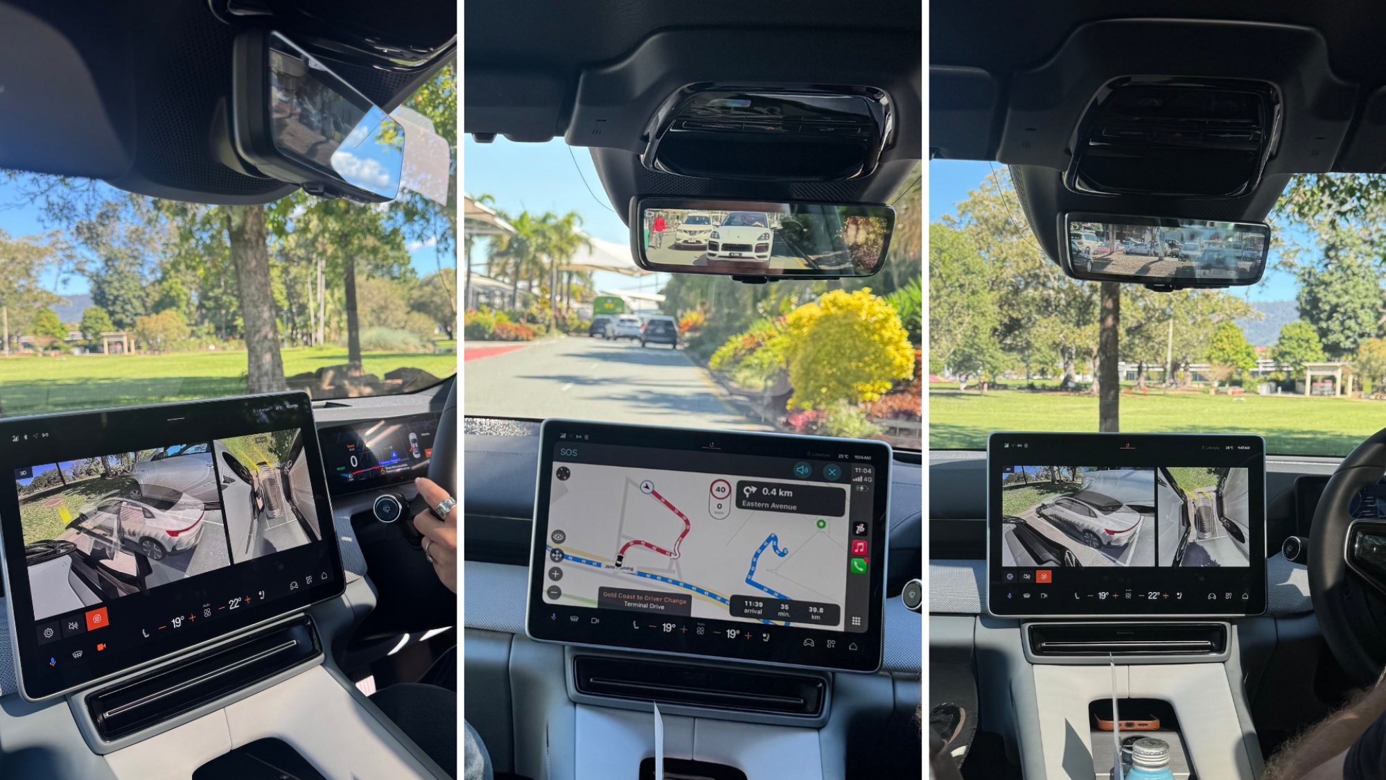 Three images of the Polestar 4's rear-view camera display and navigation screen.