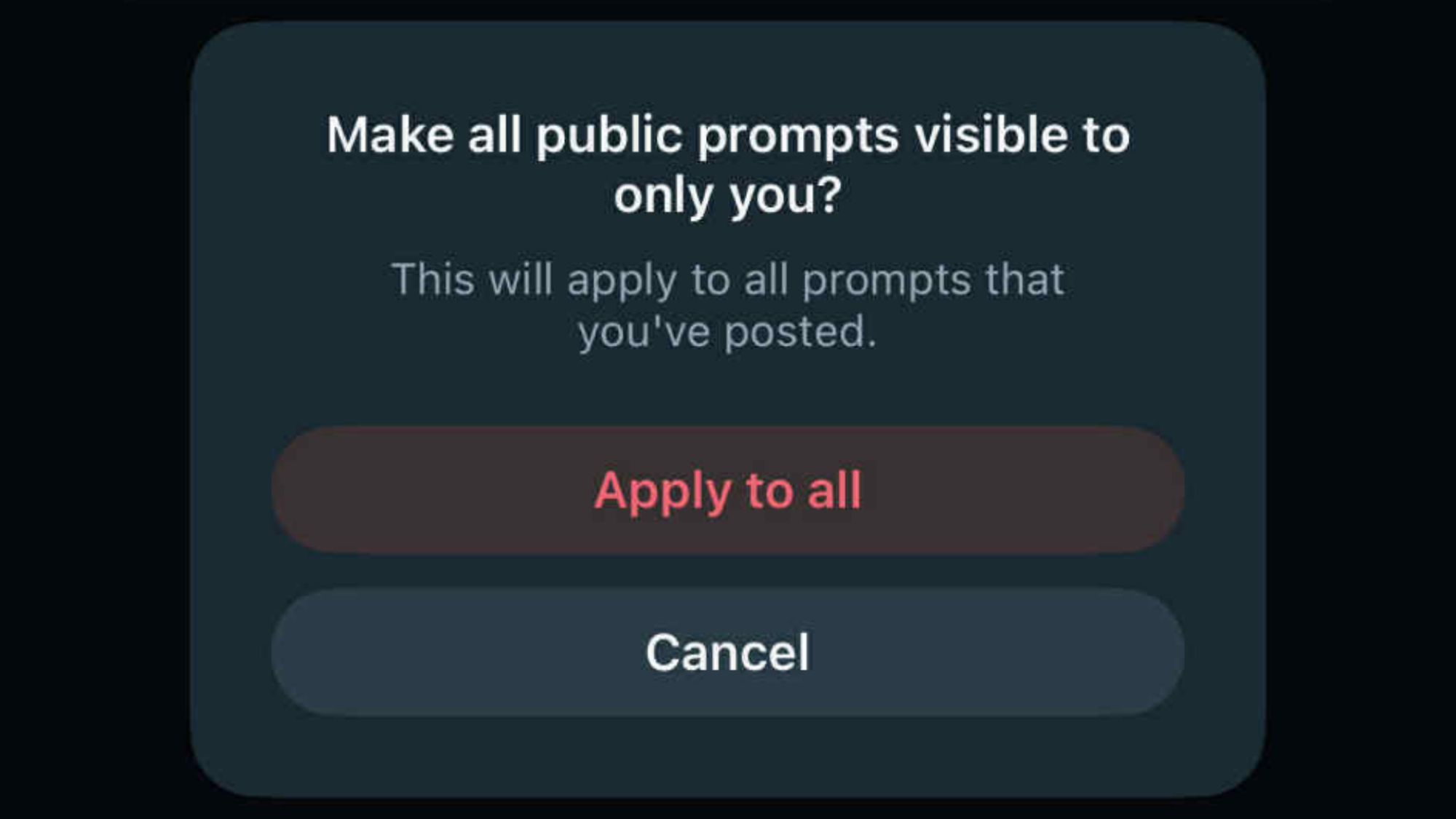 A screenshot of the Meta AI asking if the user wants to make all their public prompts only visible to themselves.