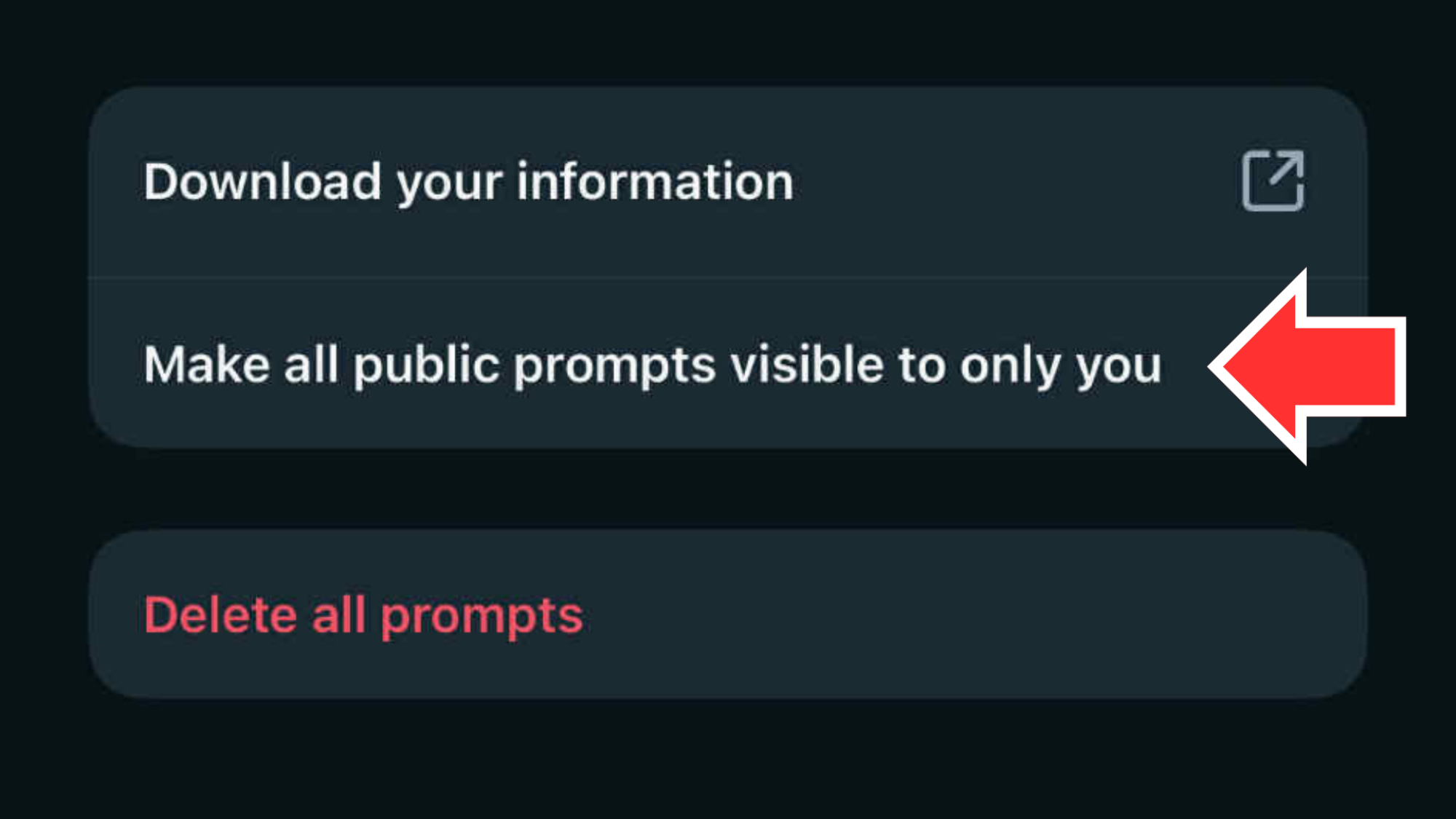 The Manage your information menu in the Meta AI app, with a red arrow pointing to the "Make all public prompts visible to only you" option.