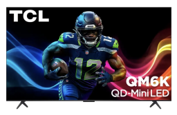 TCL TV with screensaver featuring football player and rainbow squiggle on black backdrop