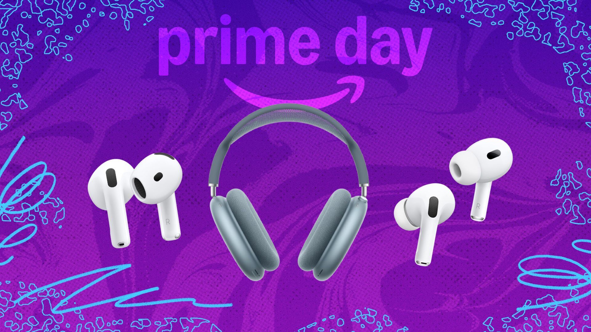 airpods 4, max, and pro on purple and blue prime day background