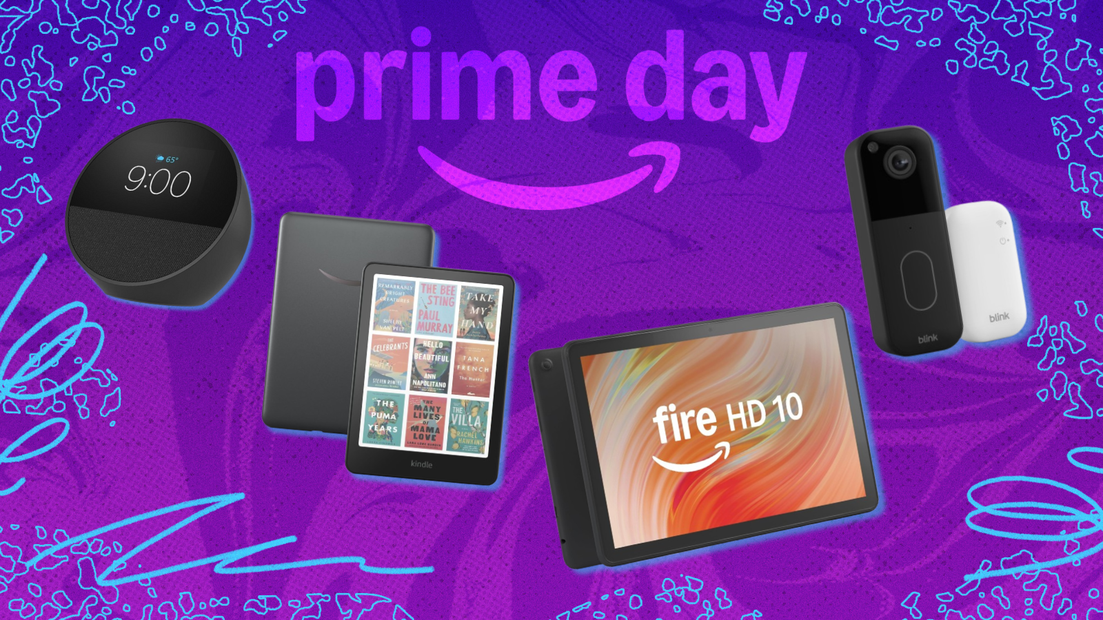 Amazon Echo Spot, Kindle Colorsoft, Fire tablet, and Blink doorbell with purple prime day composite background