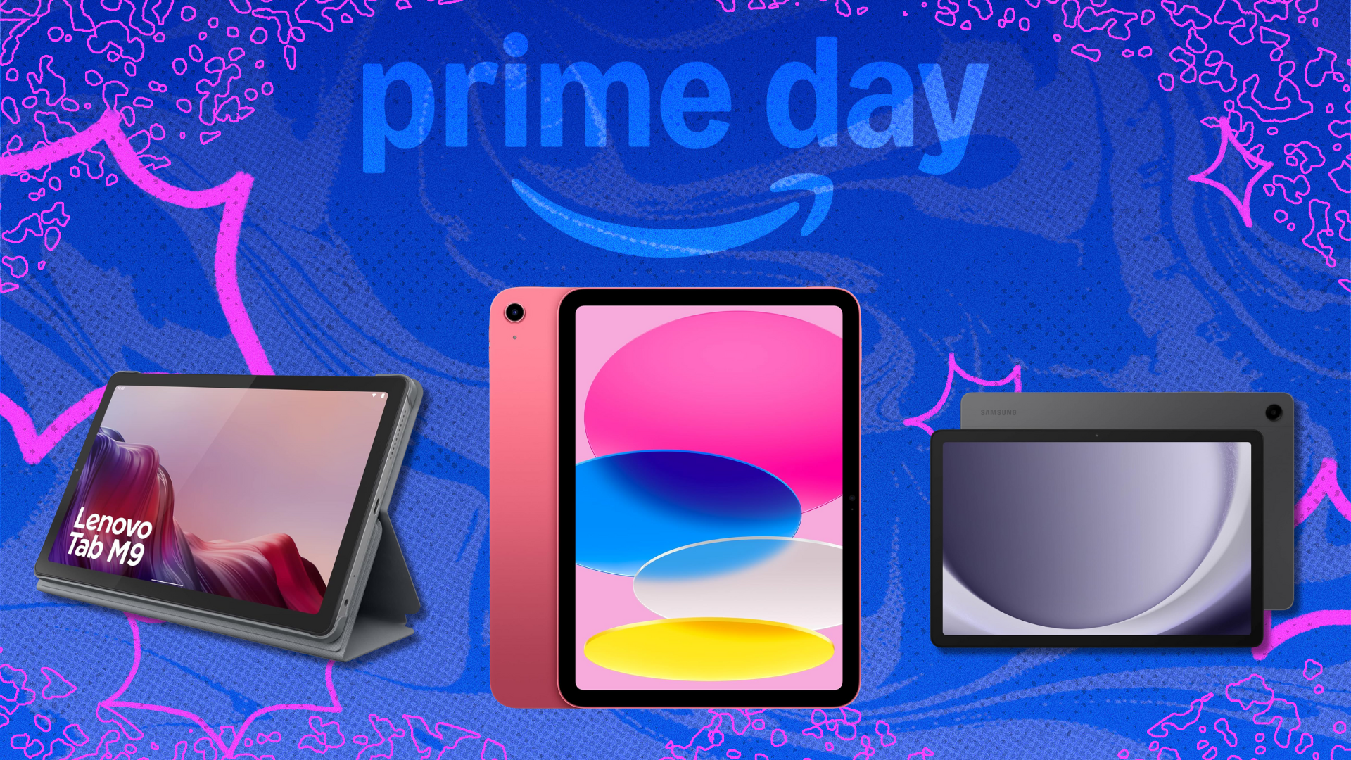 Various tablets on Prime Day abstract background