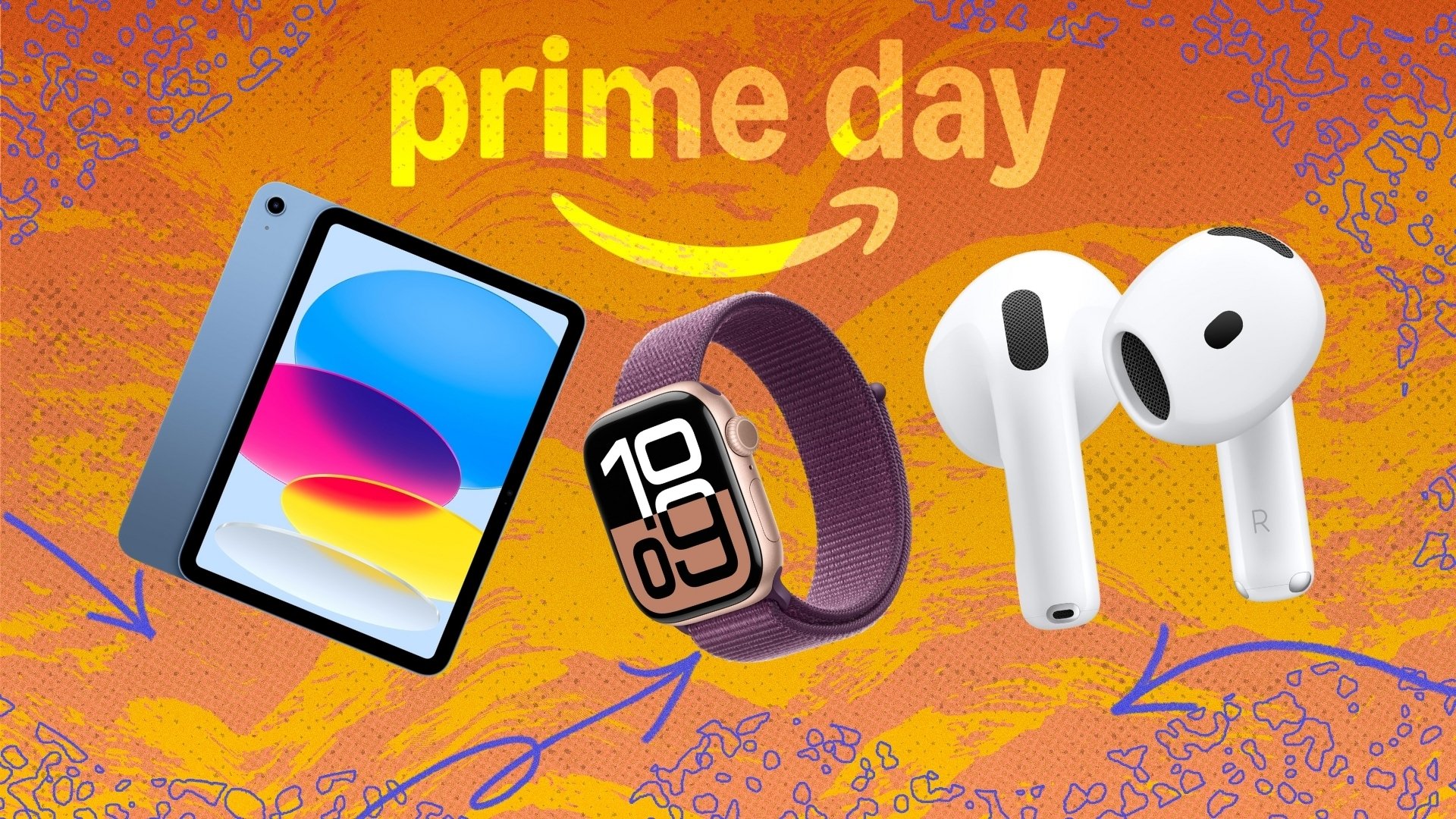 A tablet, smart watch, and earbuds.