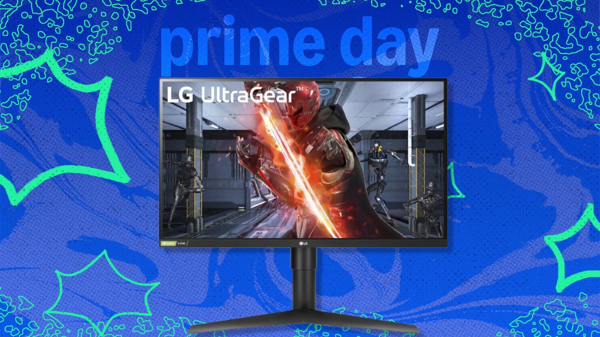 The LG UltraGear 27GL83A-B QHD gaming monitor on a blue background