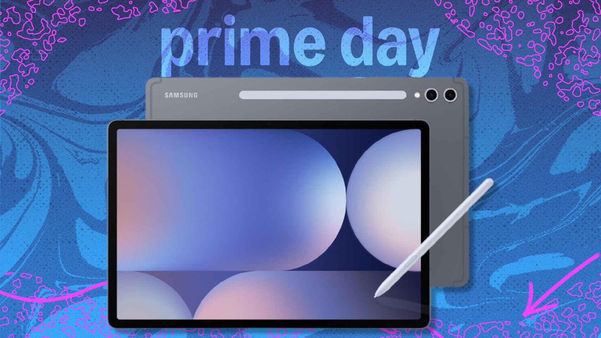 The Samsung Galaxy Tab S10+ tablet on a blue background