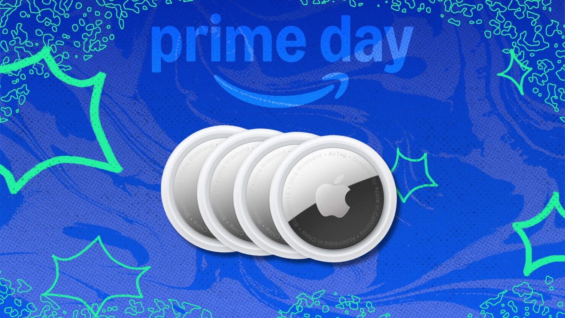 Apple AirTags on Prime Day background