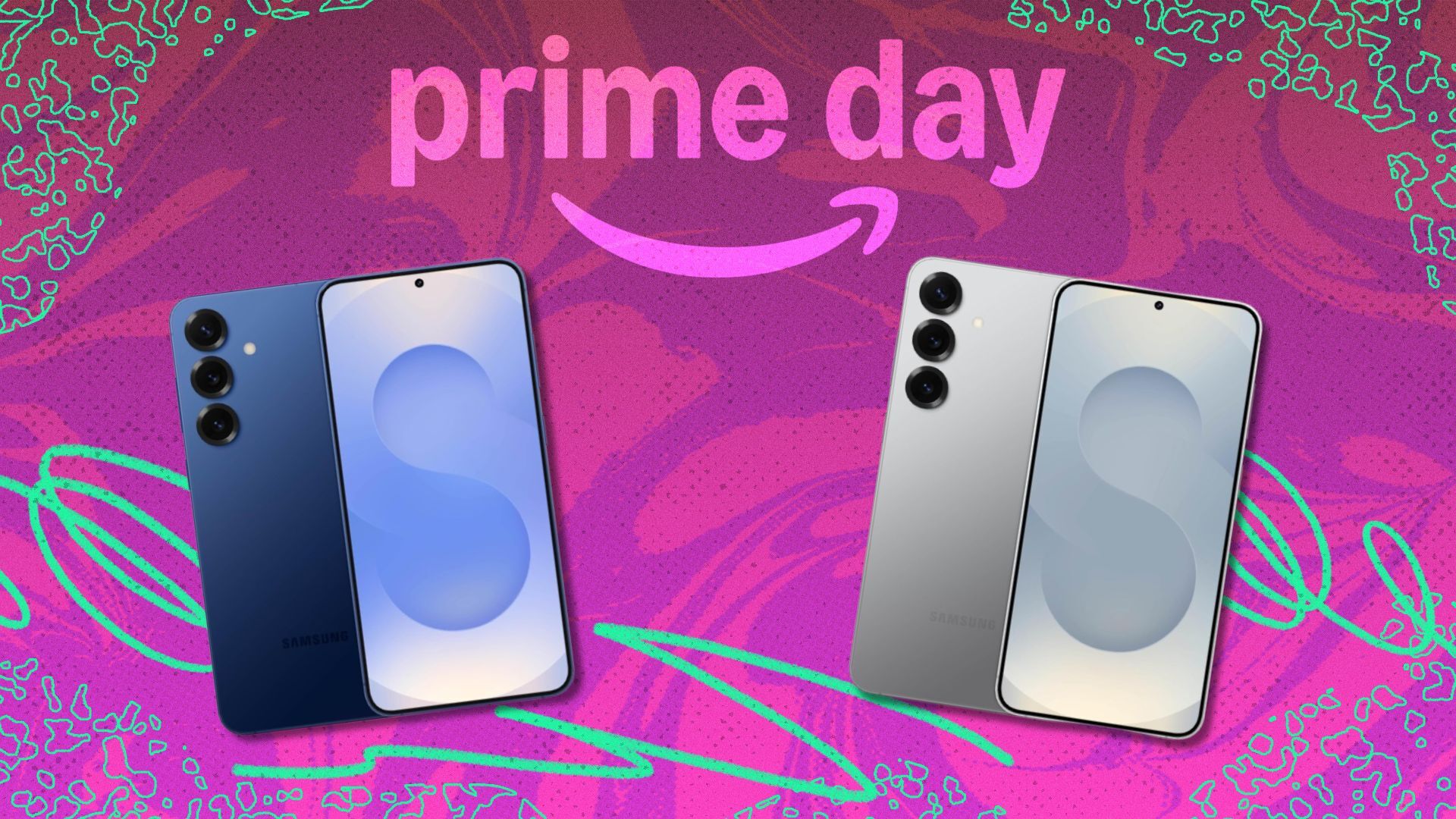 the navy and silver samsung galaxy s25+ on a pink prime day background