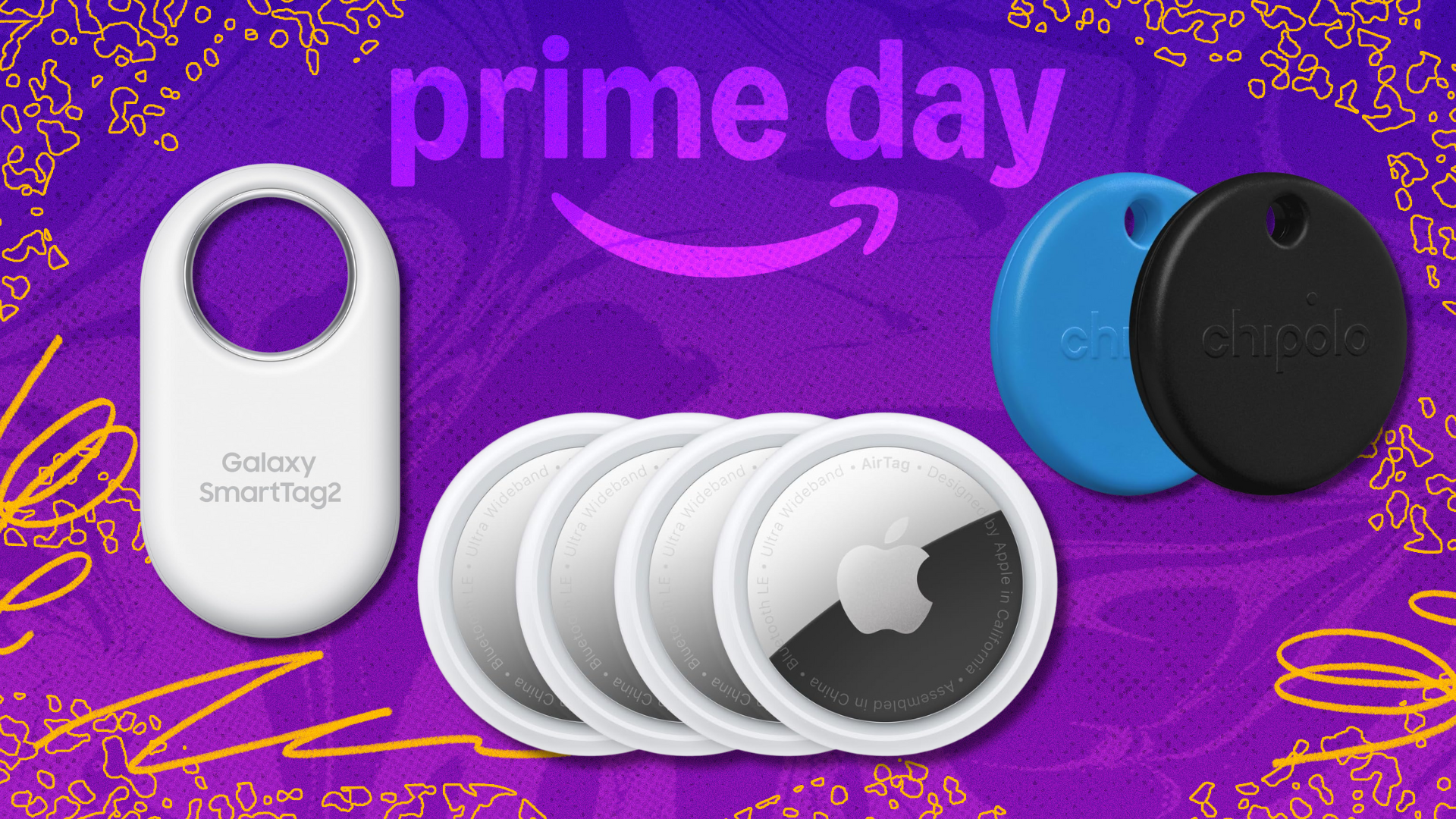 Samsung, Apple, and Chipolo trackers on a colorful background