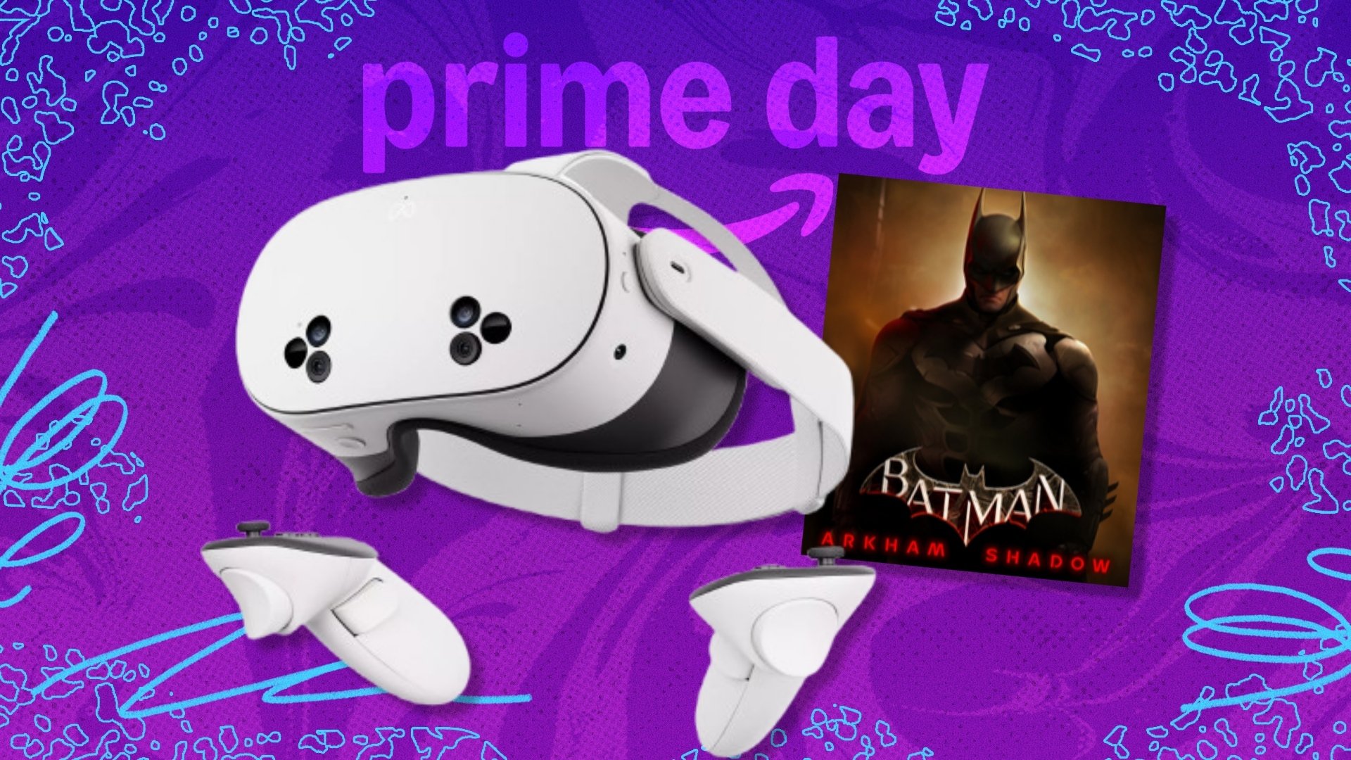 The Meta Quest 3S and Batman: Shadow Bundle on a purple background