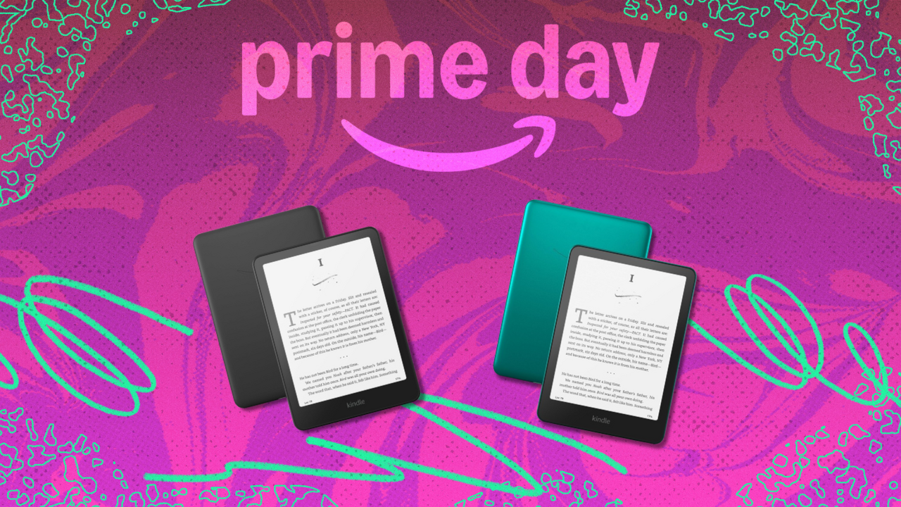 Kindle models in front of a pink background