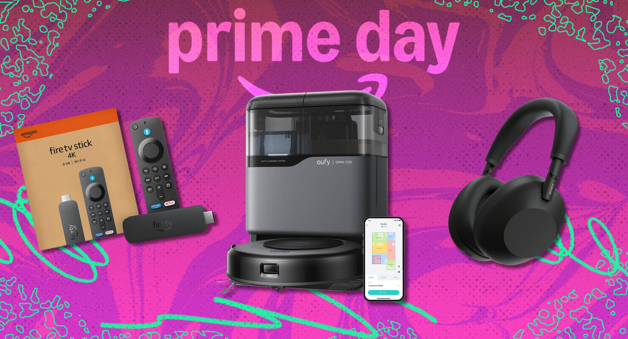 A photo composite for Prime Day showing three products on a pink and purple background: an Amazon Fire TV Stick 4K, a eufy robot vacuum with a self-empty base, and a pair of black Sony noise-cancelling headphones.