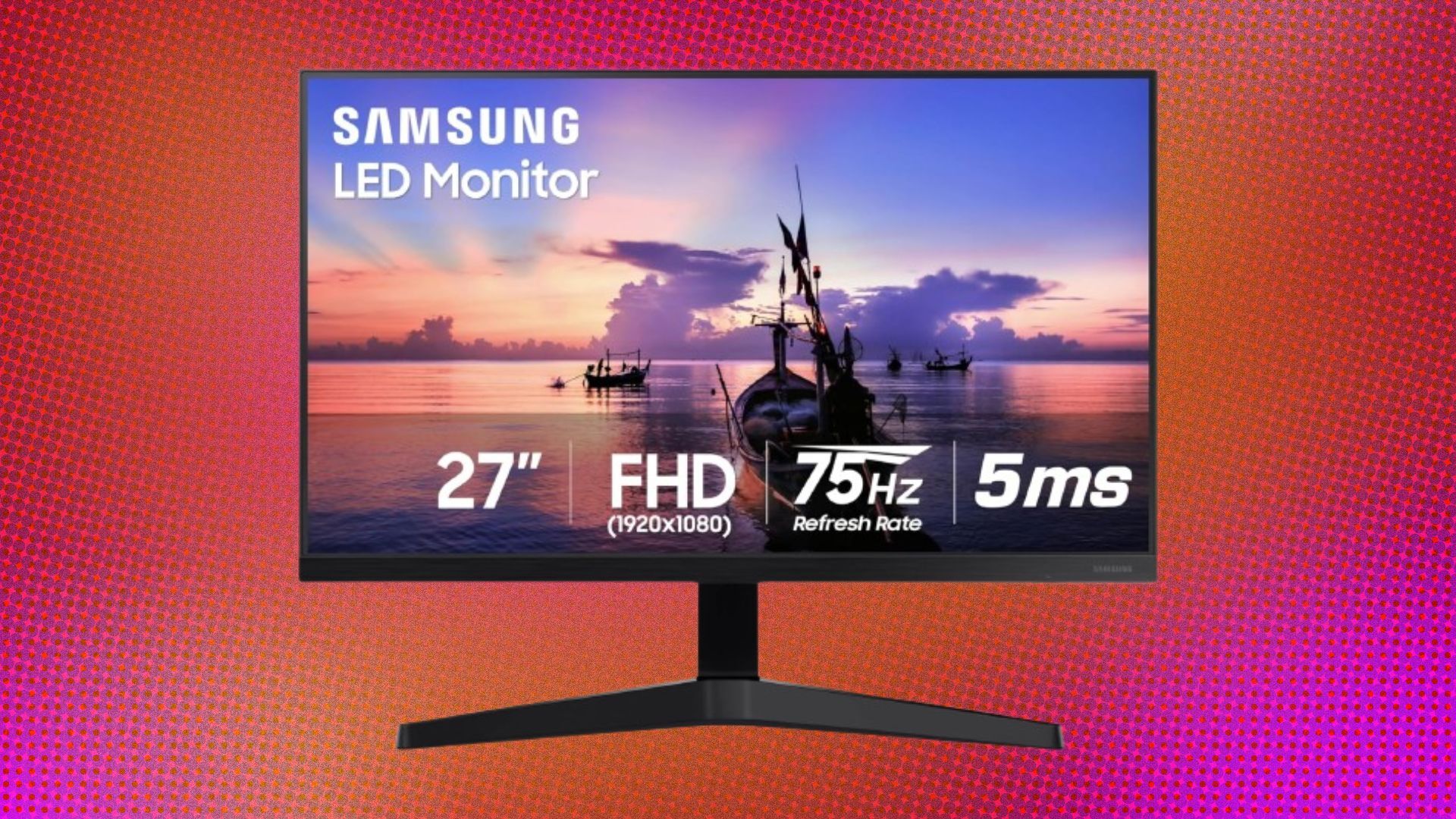 A Samsung monitor appears on an abstract background.